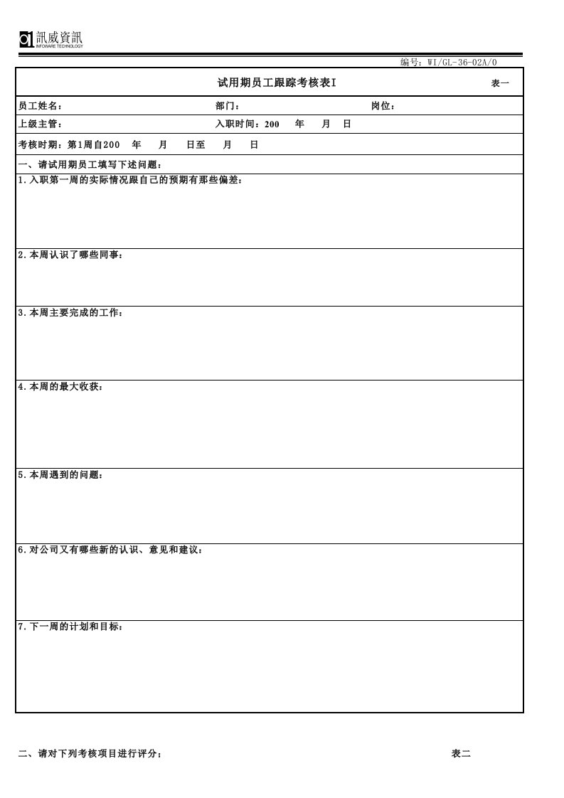 试用期员工跟踪考核表