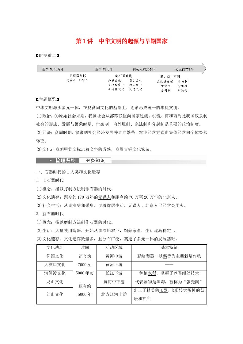 浙江专用新教材2024届高考历史一轮复习教案第一部分古代中国第一单元第1讲中华文明的起源与早期国家