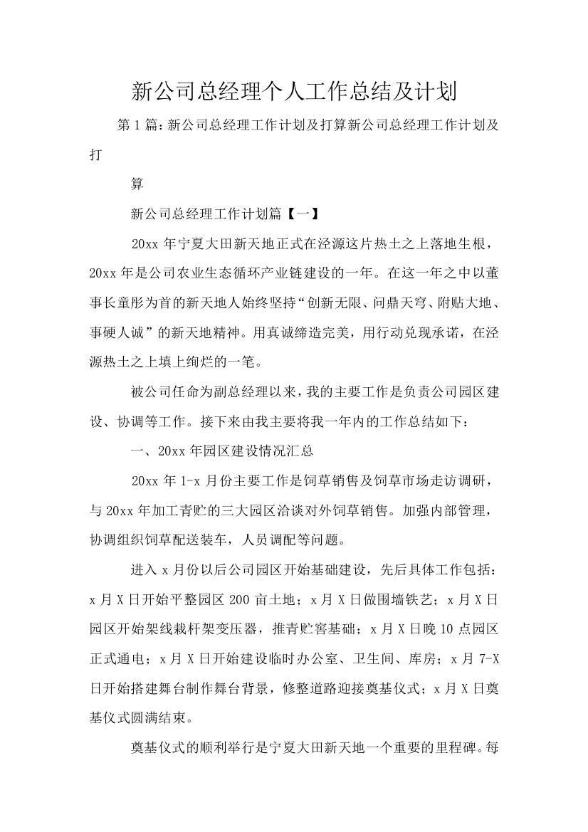 新公司总经理个人工作总结及计划