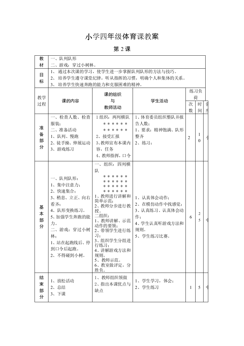 四年级体育课教案队列队形