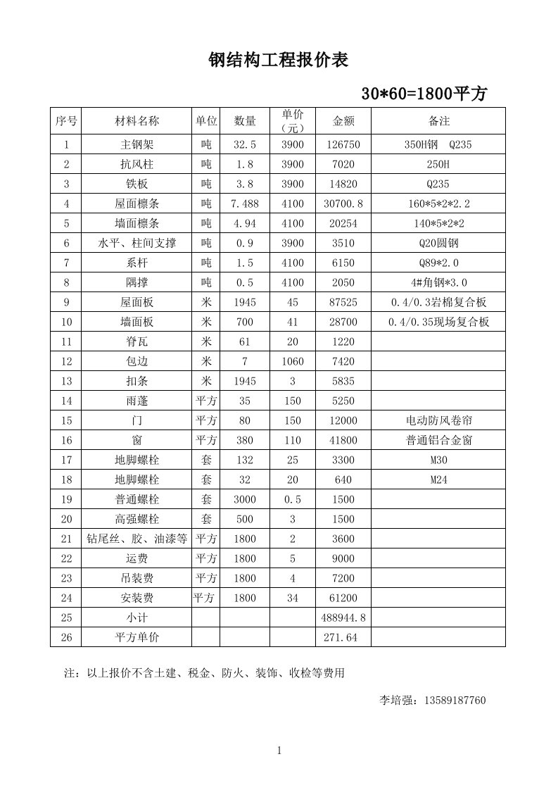 钢结构工程报价表