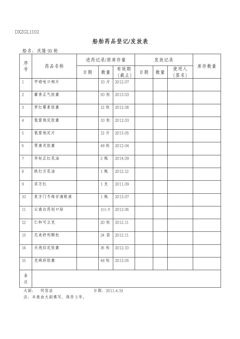 DXZGL1102船舶药品登记发放表