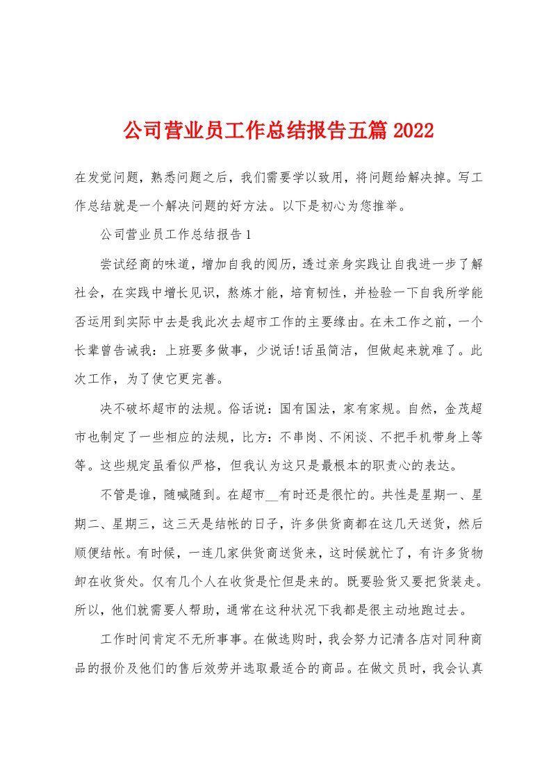 公司营业员工作总结报告五篇2022