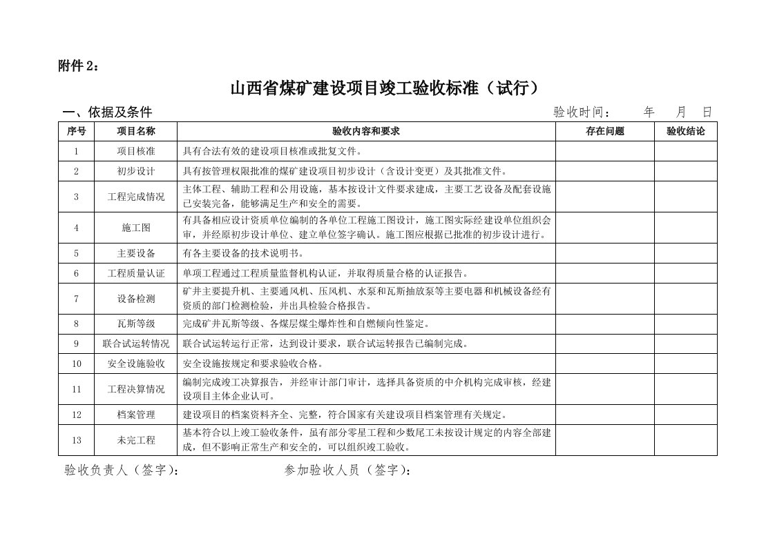 冶金行业-山西省煤矿建设项目竣工验收标准试行