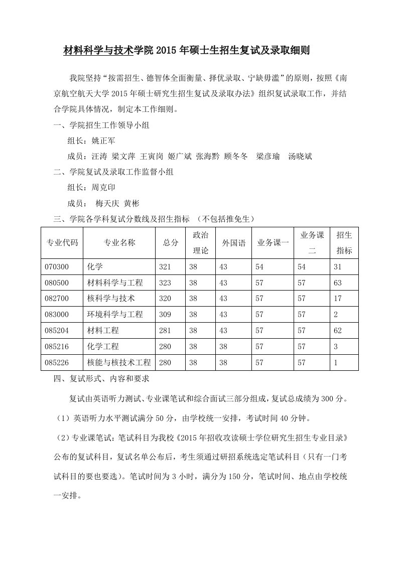 南航2015复试细则