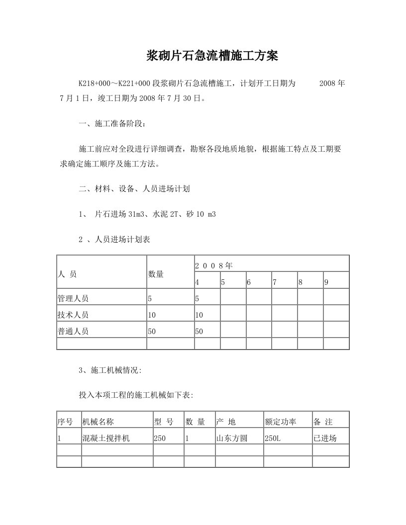 浆砌片石急流槽分项开工报告