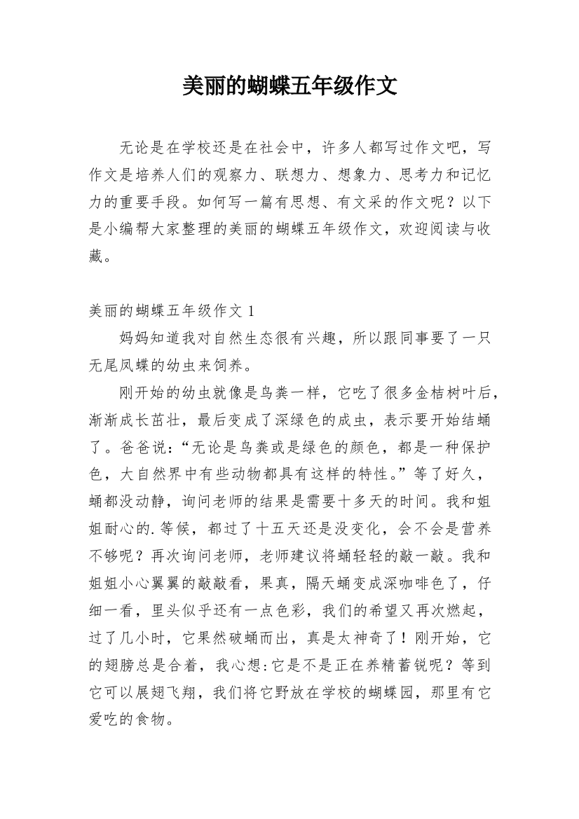 美丽的蝴蝶五年级作文