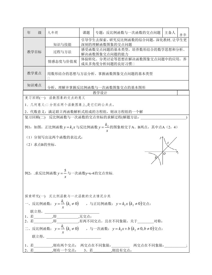 数学人教版九年级下册专题：反比例函数与一次函数的交点问题