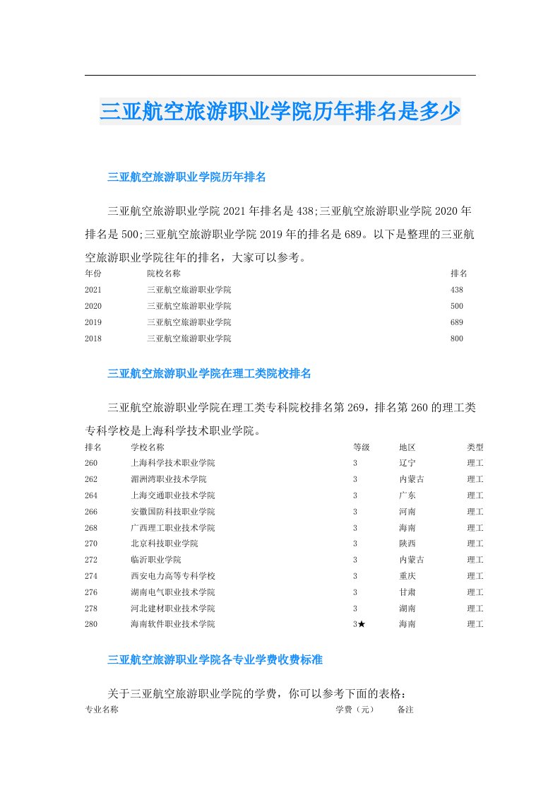 三亚航空旅游职业学院历年排名是多少