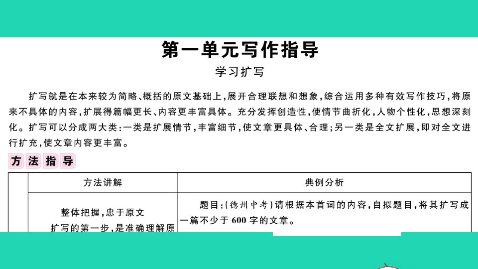 安徽专版九年级语文下册第一单元写作指导学习扩写作业课件新人教版