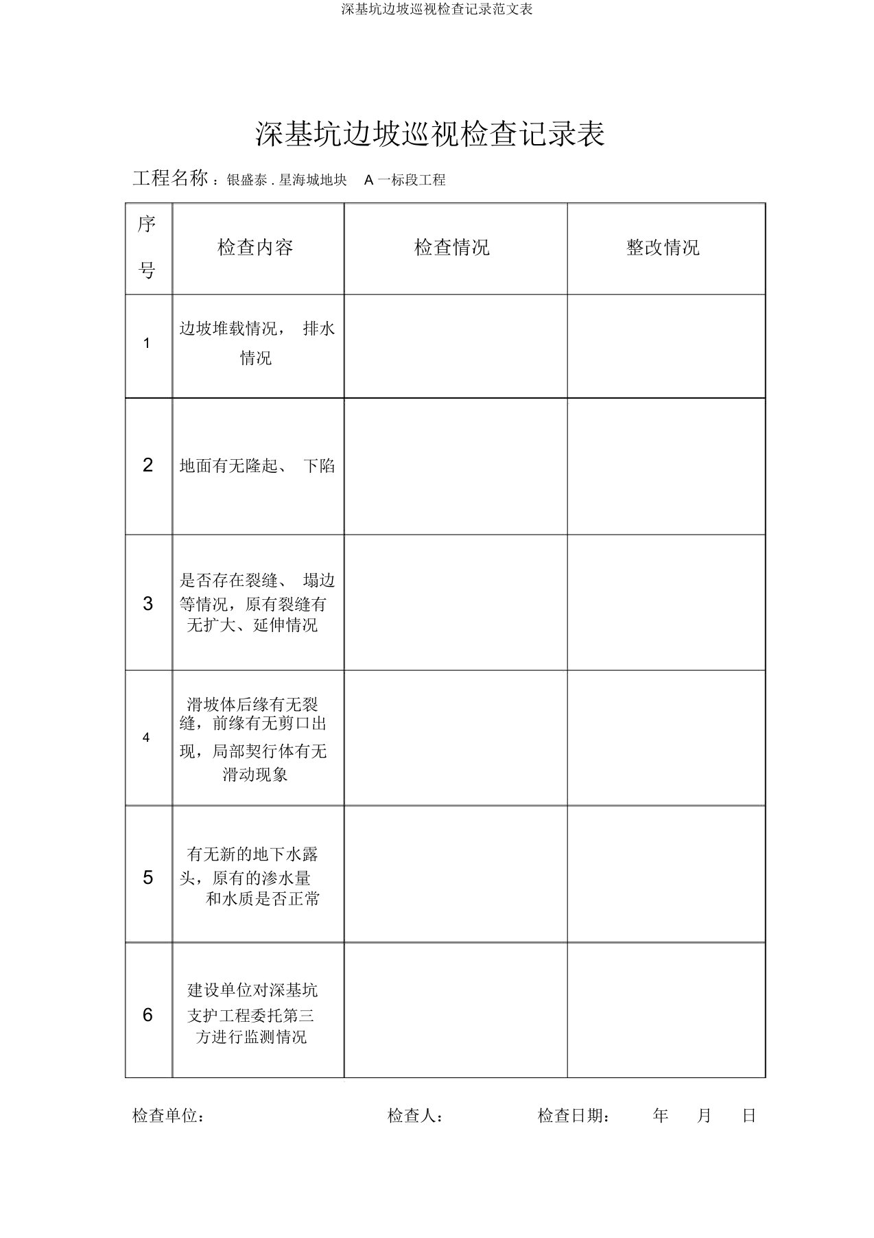 深基坑边坡巡视检查记录范文表