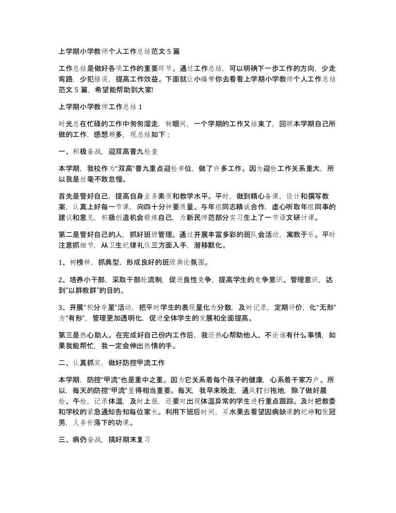 上学期小学教师个人工作总结范文5篇