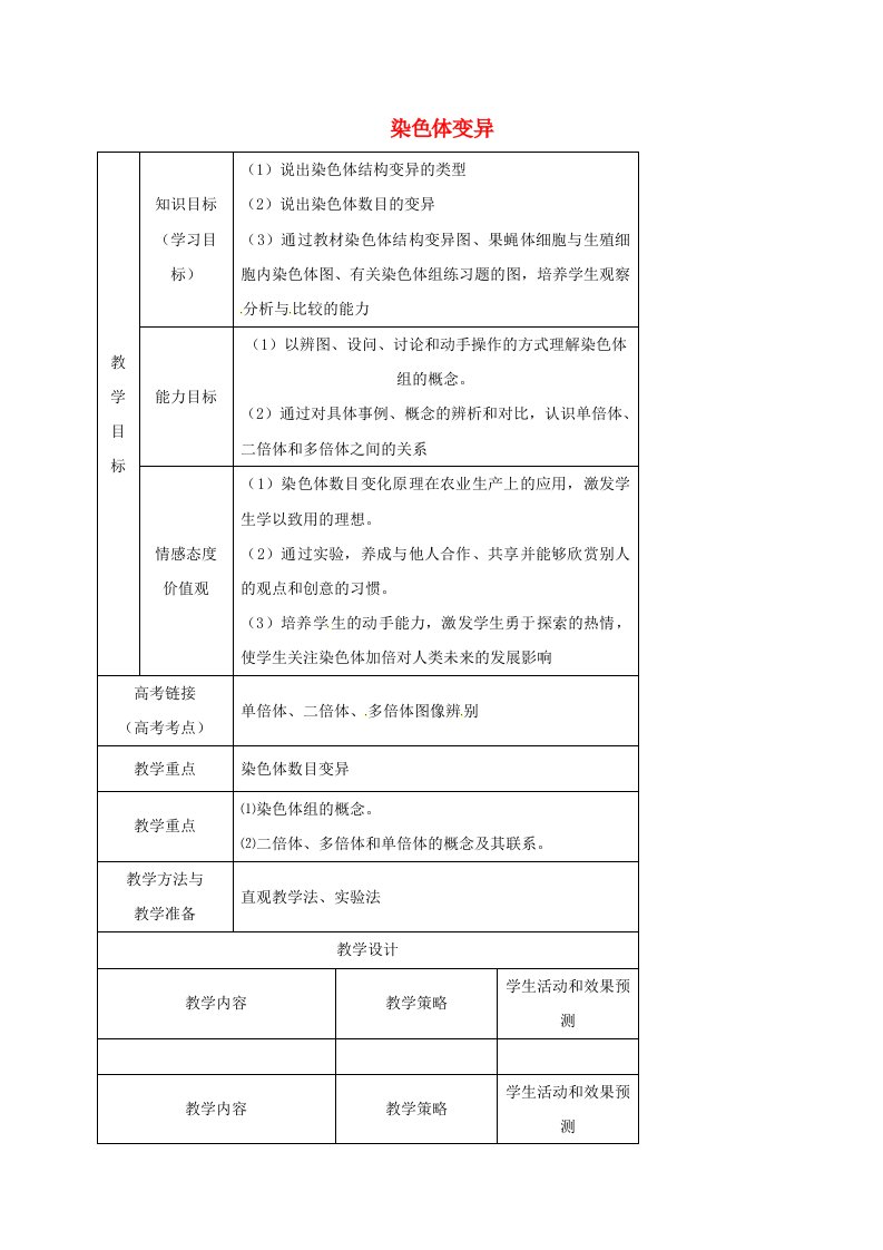 内蒙古开鲁县高中生物第五章基因突变及其他变异5.2染色体变异教案新人教版必修2