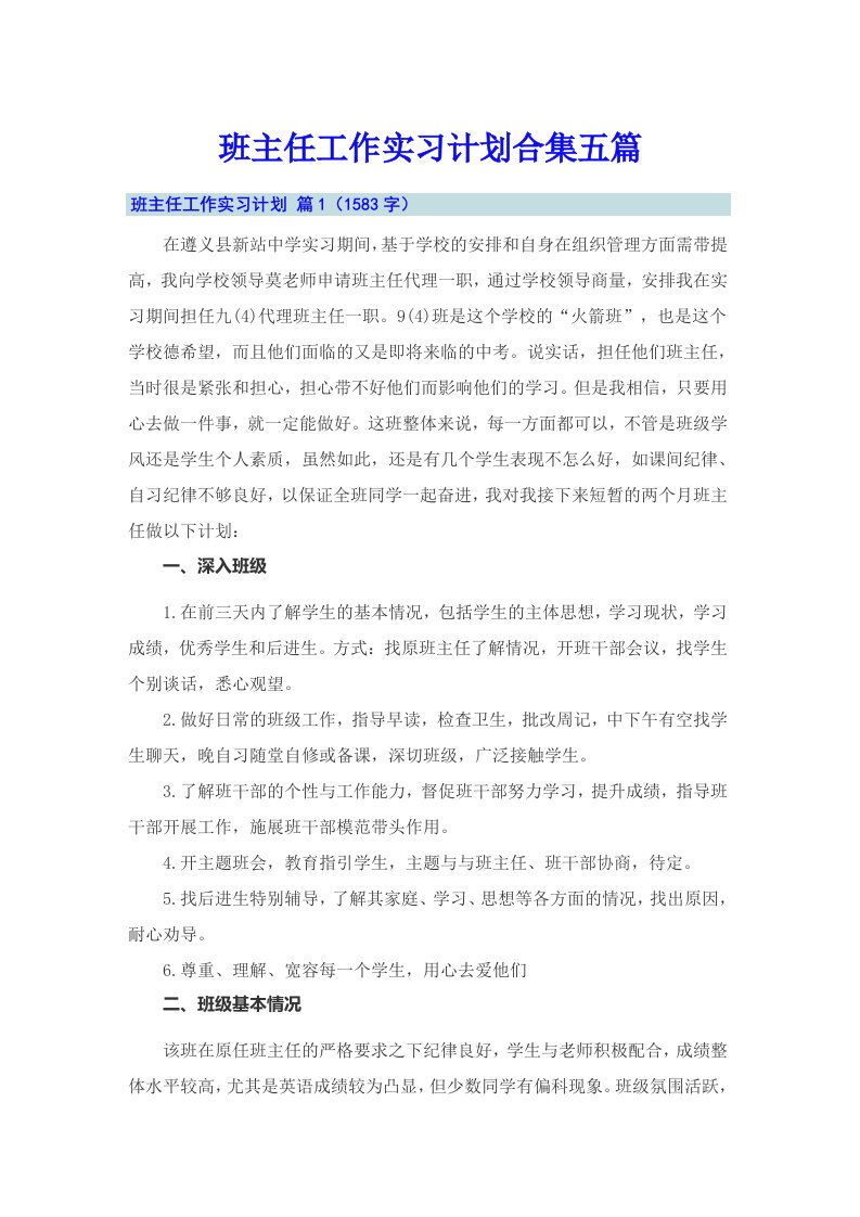 班主任工作实习计划合集五篇