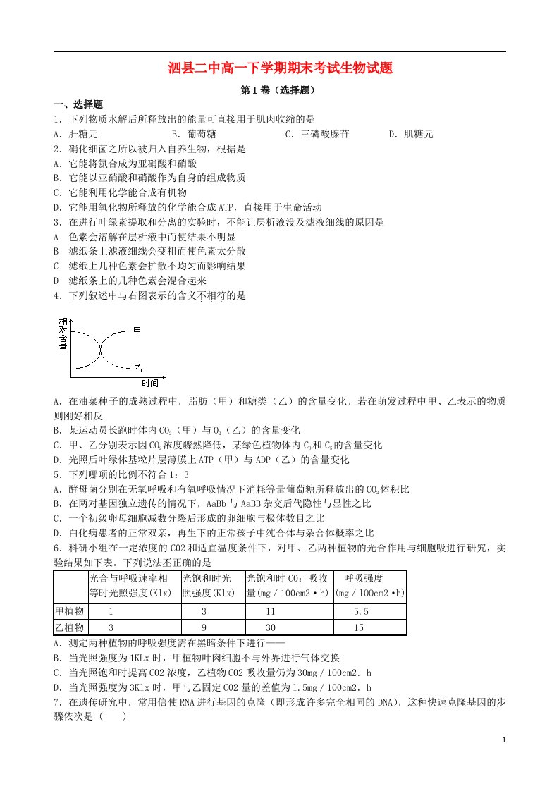 安徽省泗县二中高一生物下学期期末考试试题新人教版