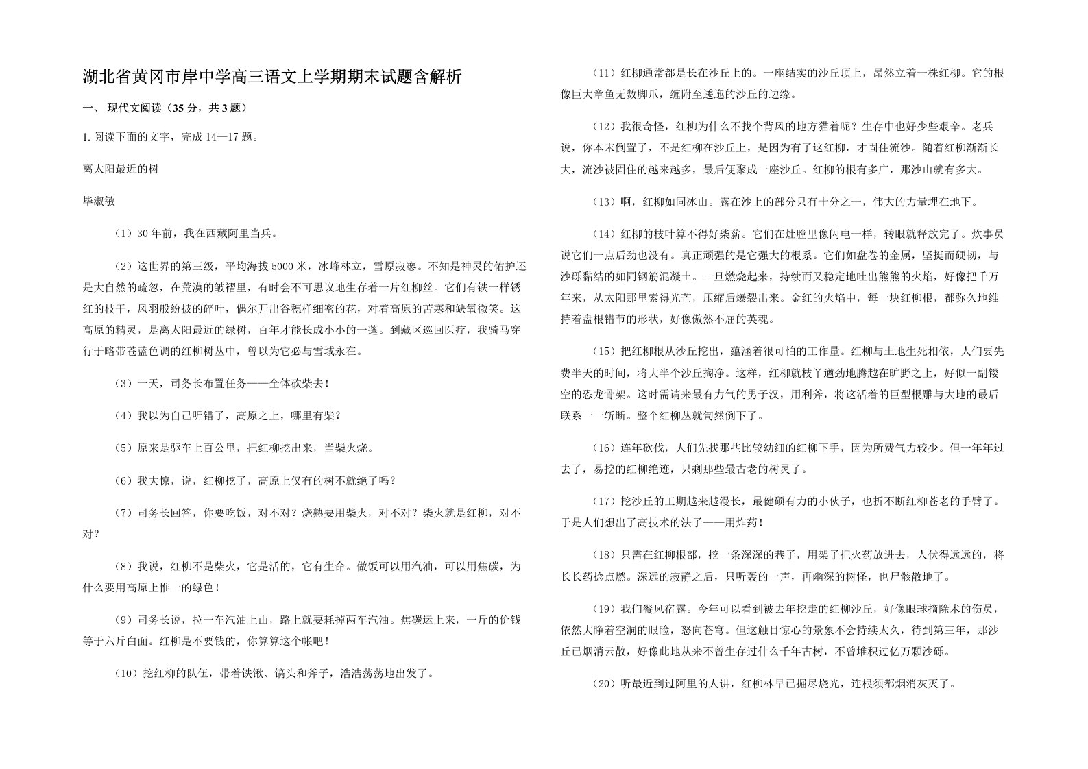 湖北省黄冈市岸中学高三语文上学期期末试题含解析