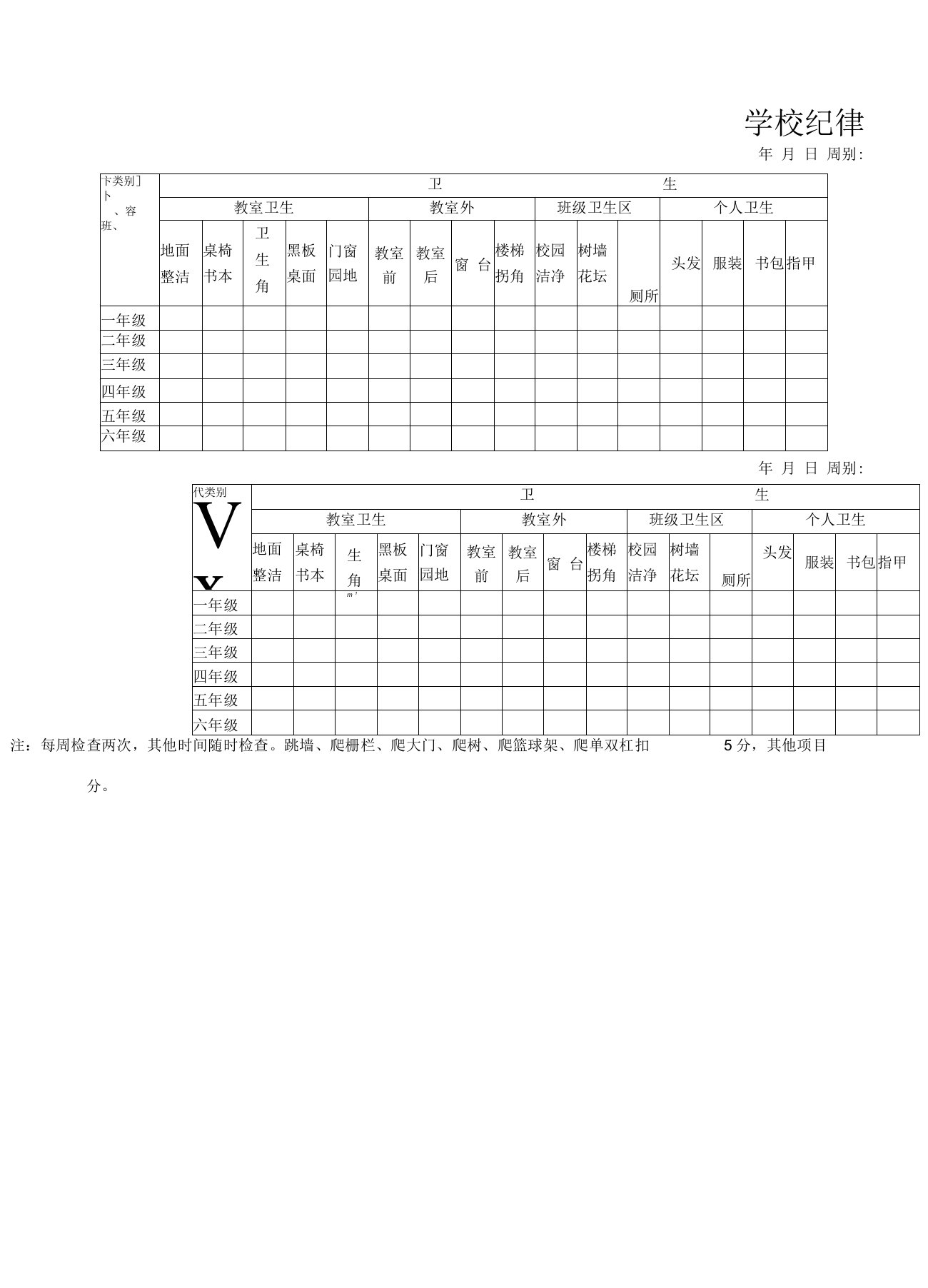 学校纪律卫生检查表