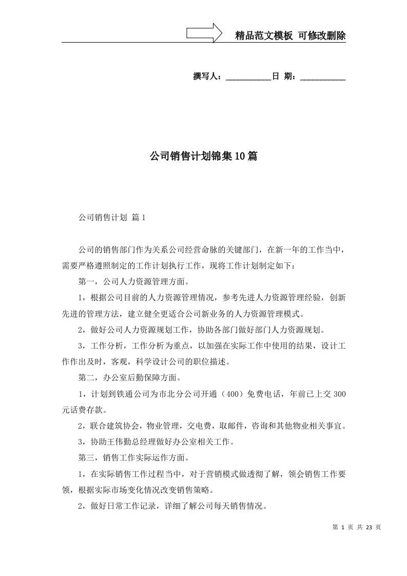 公司销售计划锦集10篇