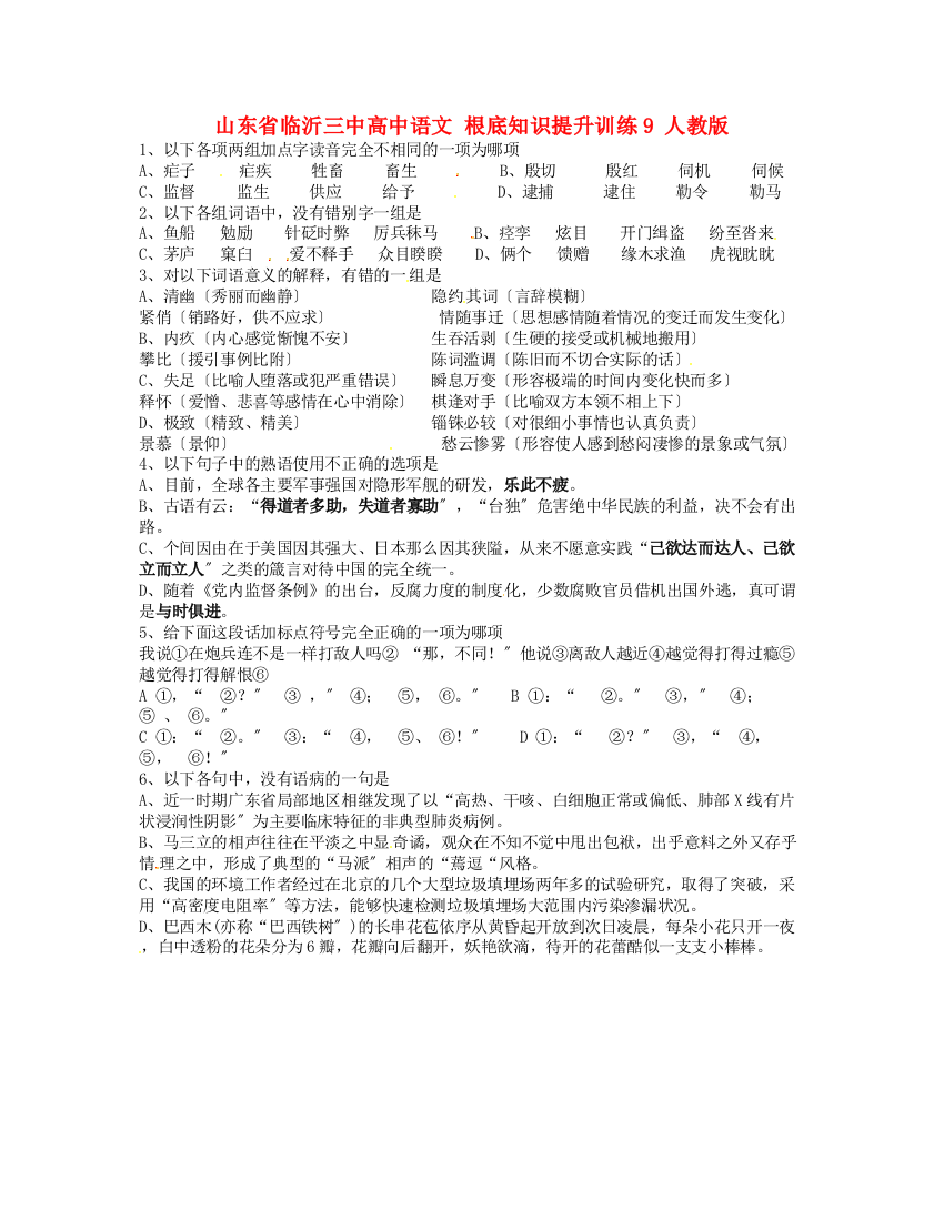 （整理版）山东省临沂三中高中语文基础知识提升训练9人教版