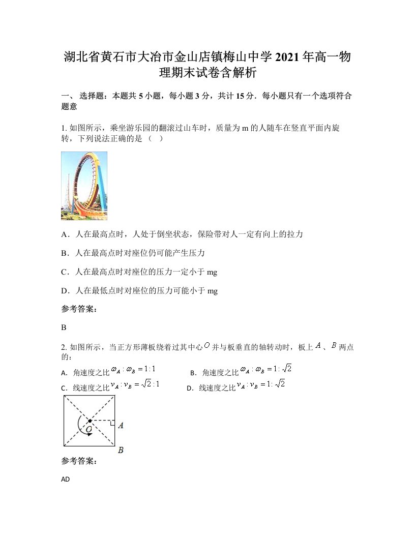 湖北省黄石市大冶市金山店镇梅山中学2021年高一物理期末试卷含解析