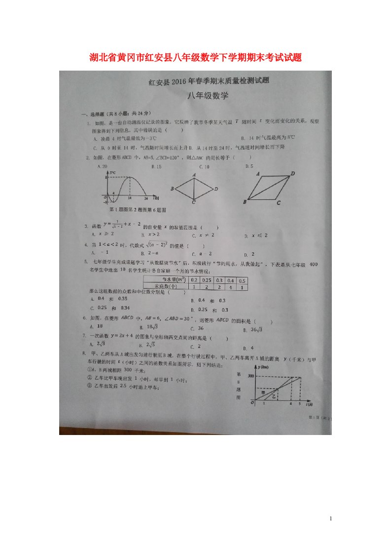 湖北省黄冈市红安县八级数学下学期期末考试试题（扫描版，无答案）