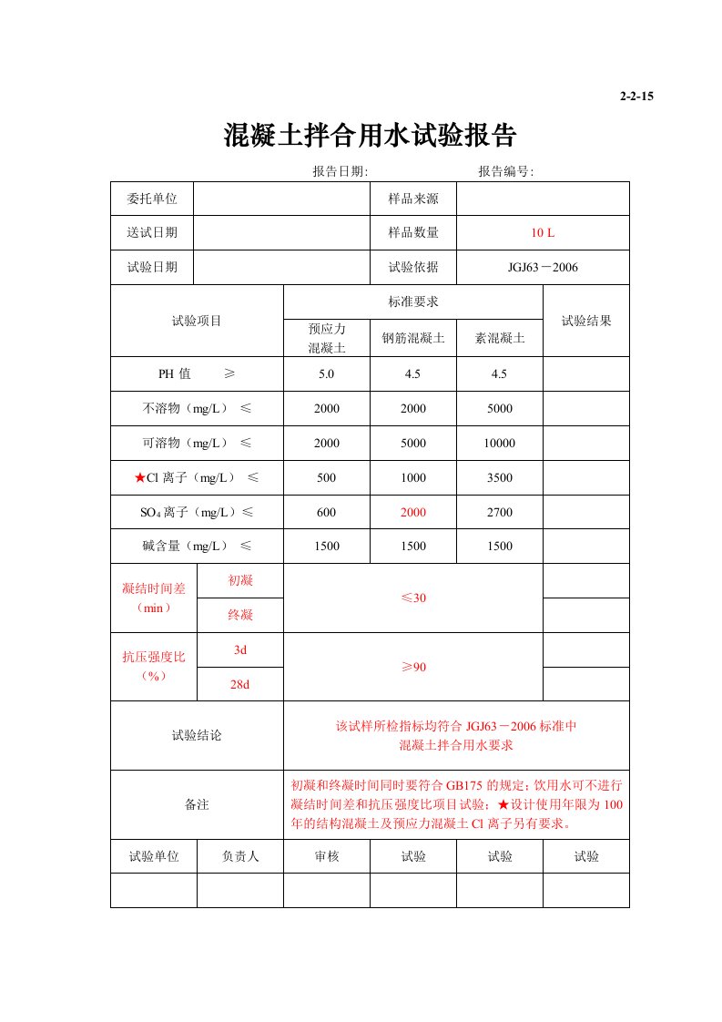 预拌混凝土拌合用水试验报告