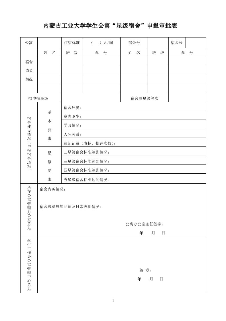 内蒙古工业大学学生公寓星级宿舍申报审批表