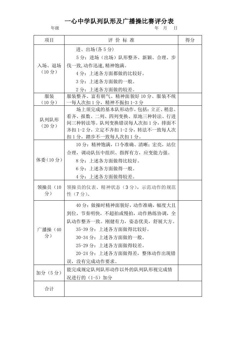 队列队形比赛评分表