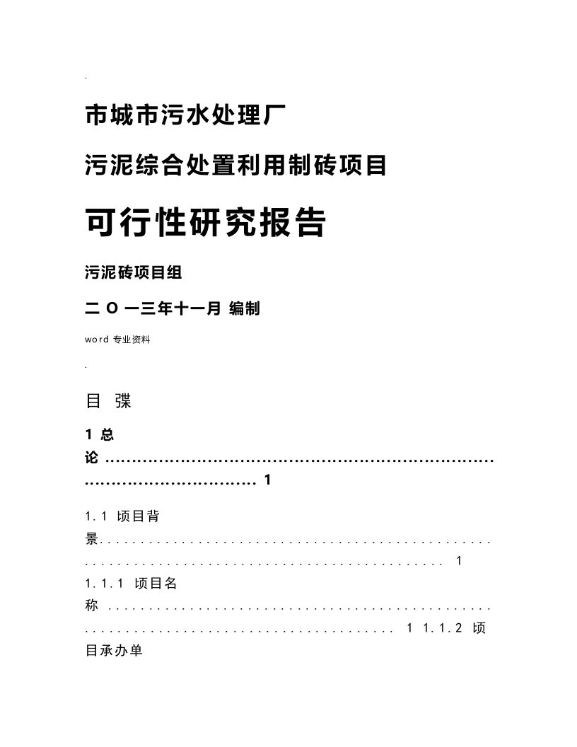 城市污水处理厂污泥综合处置利用制砖项目可行性研究报告