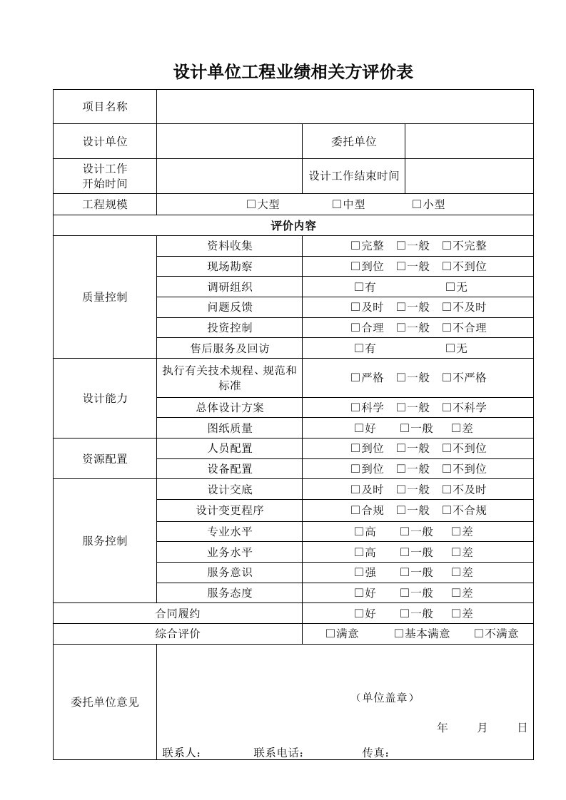 设计单位工程业绩相关方评价表