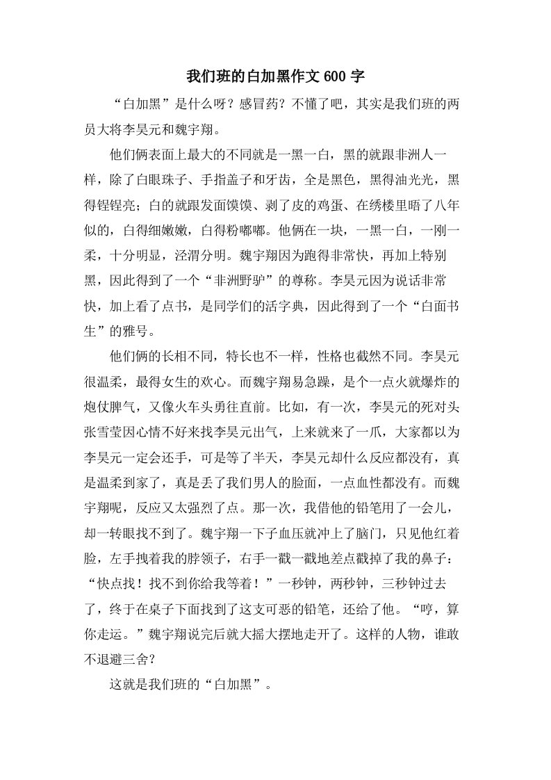 我们班的白加黑作文600字