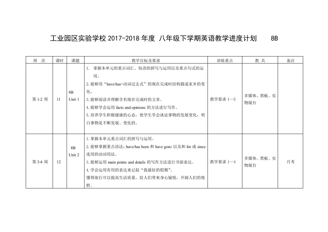 新版牛津译林版-八下教学进度计划