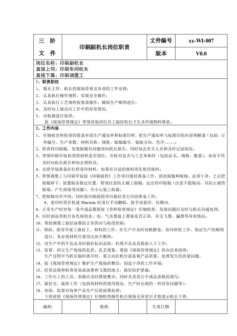 (食品包材QS管理文件)印刷副机长岗位职责