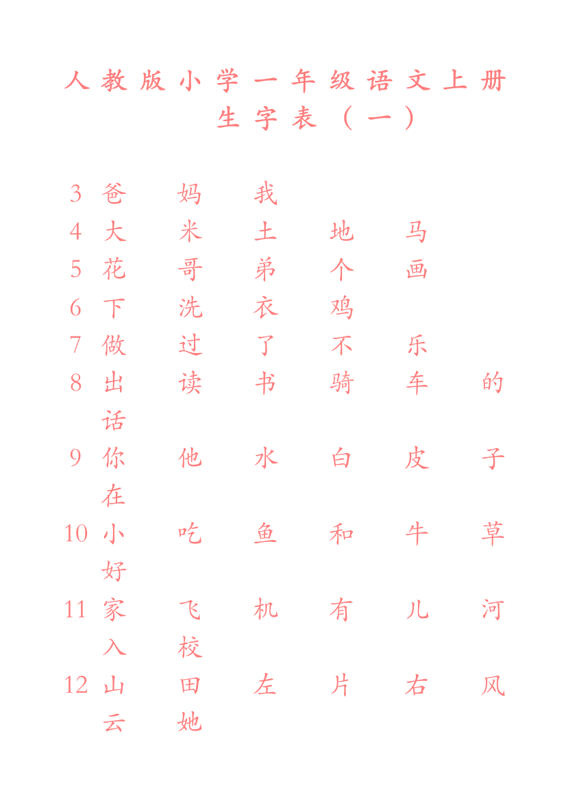 人教版小学一年级语文上册生字表一字帖