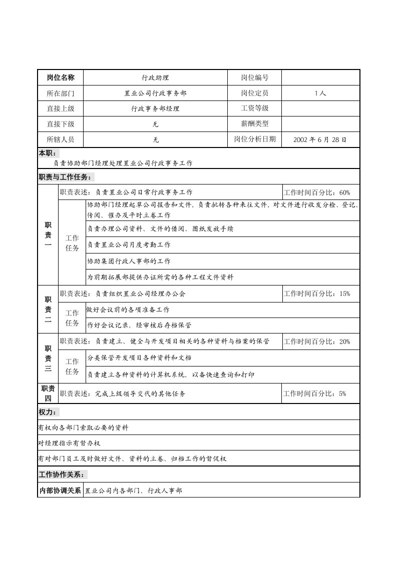 明达集团置业公司行政事务部行政助理职务说明书