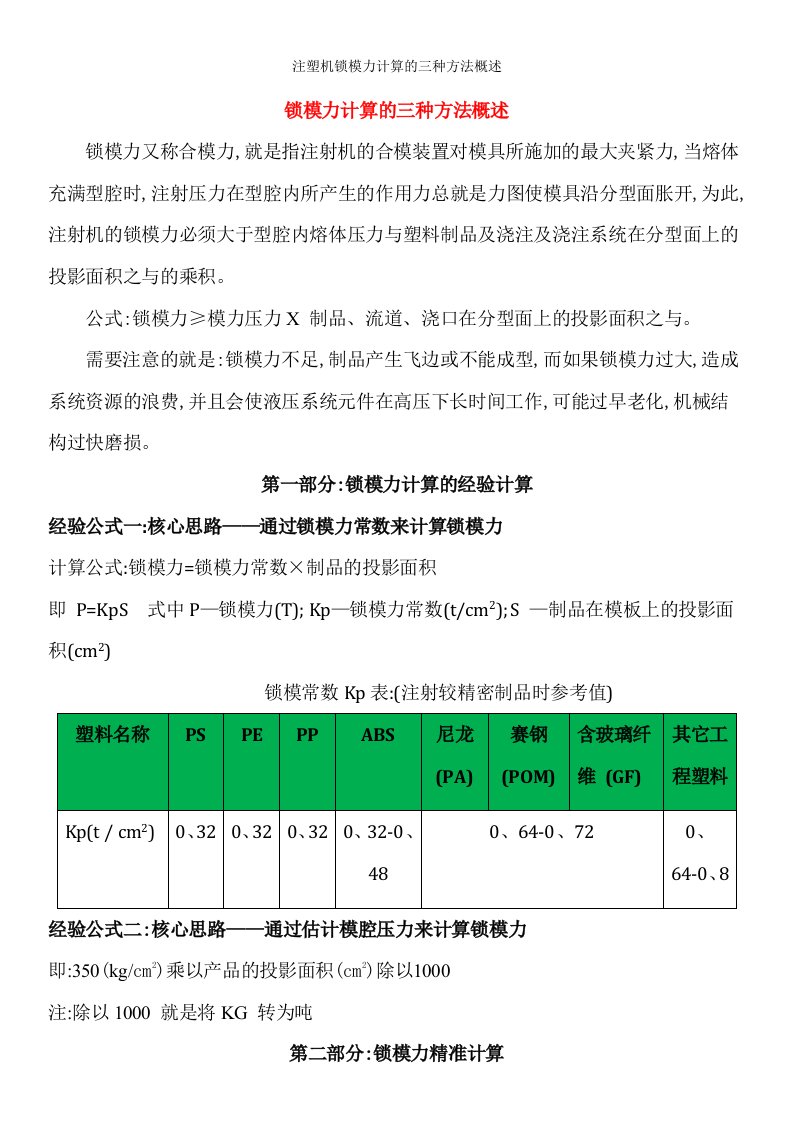 注塑机锁模力计算的三种方法概述