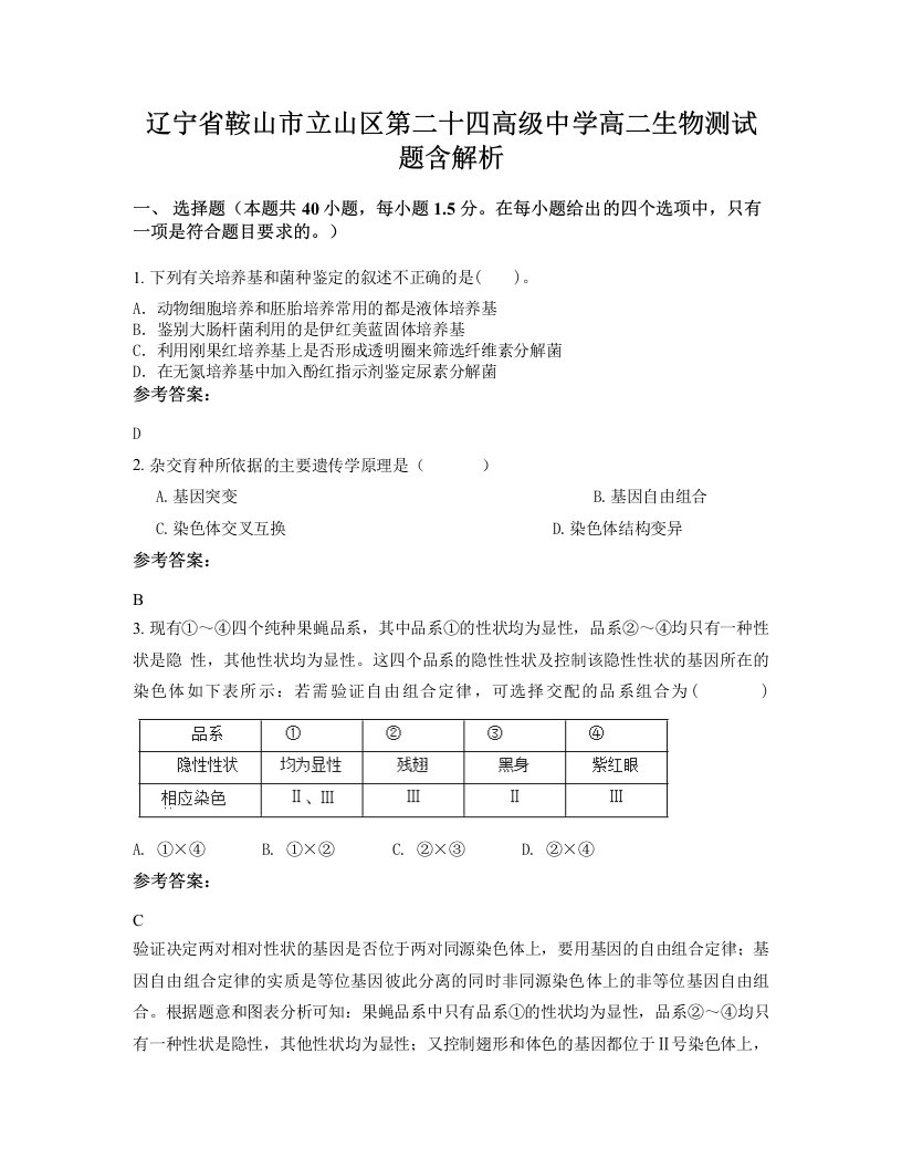 辽宁省鞍山市立山区第二十四高级中学高二生物测试题含解析