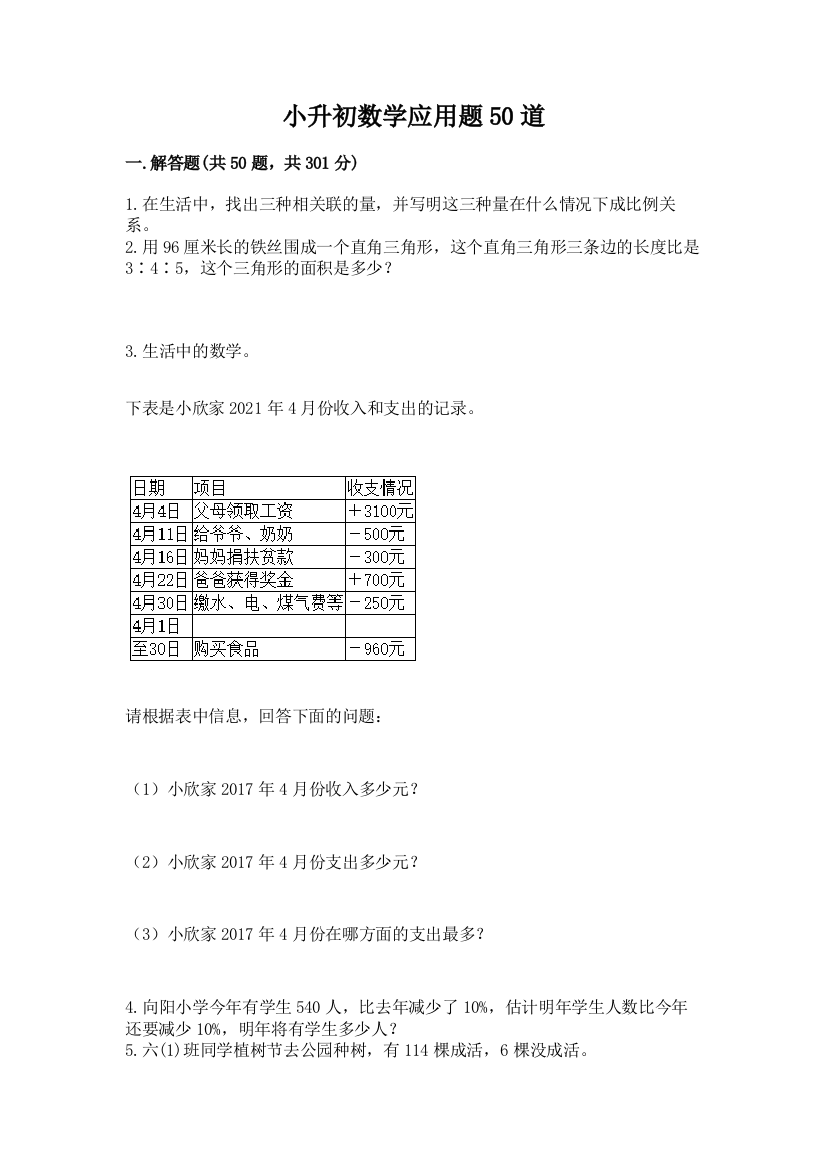 小升初数学应用题50道及参考答案（模拟题）