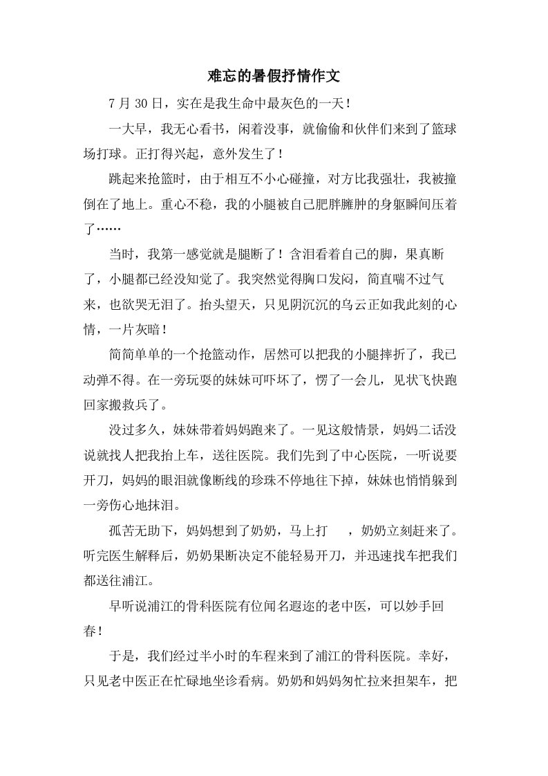 难忘的暑假抒情作文