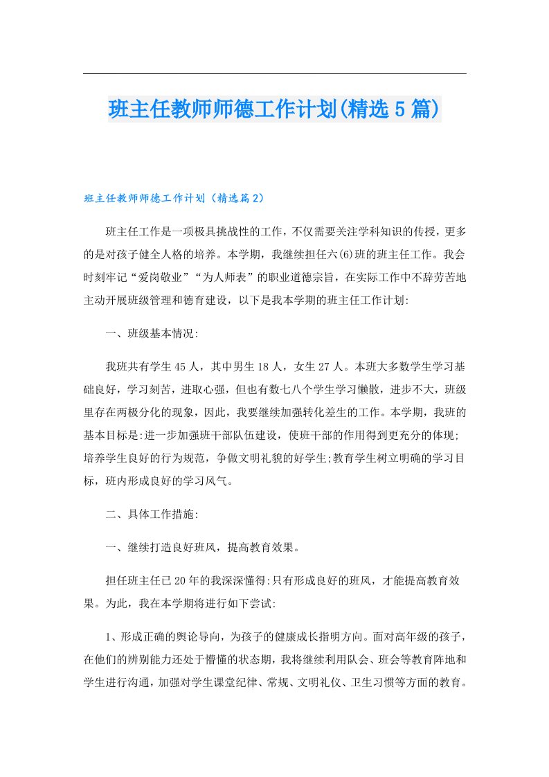 班主任教师师德工作计划(精选5篇)