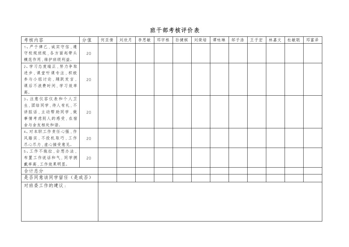 班干部考核评价表