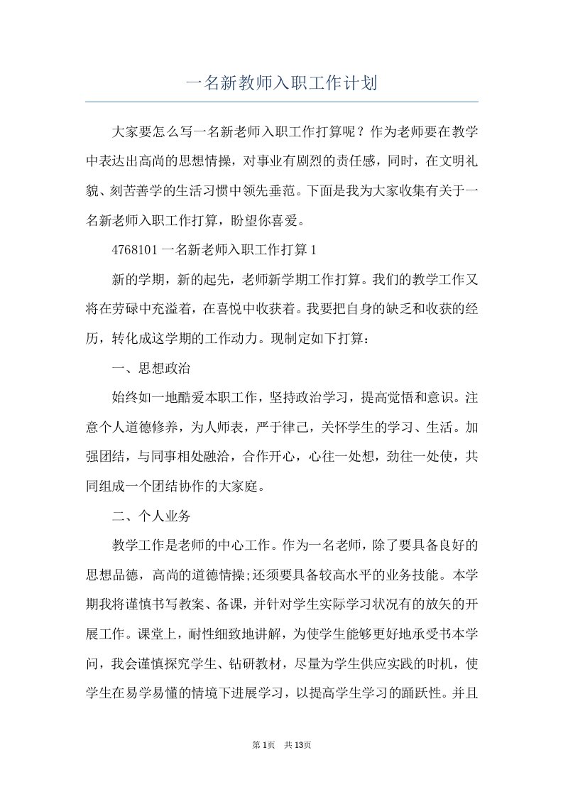 一名新教师入职工作计划