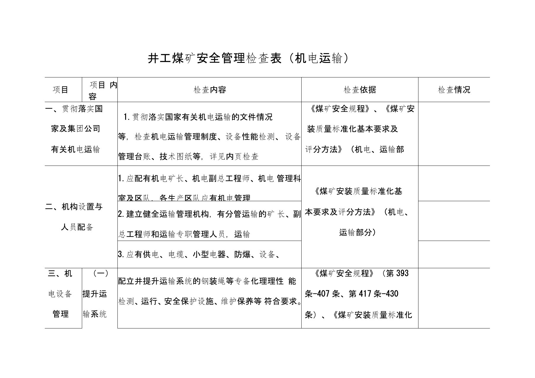 井工煤矿机电运输检查表