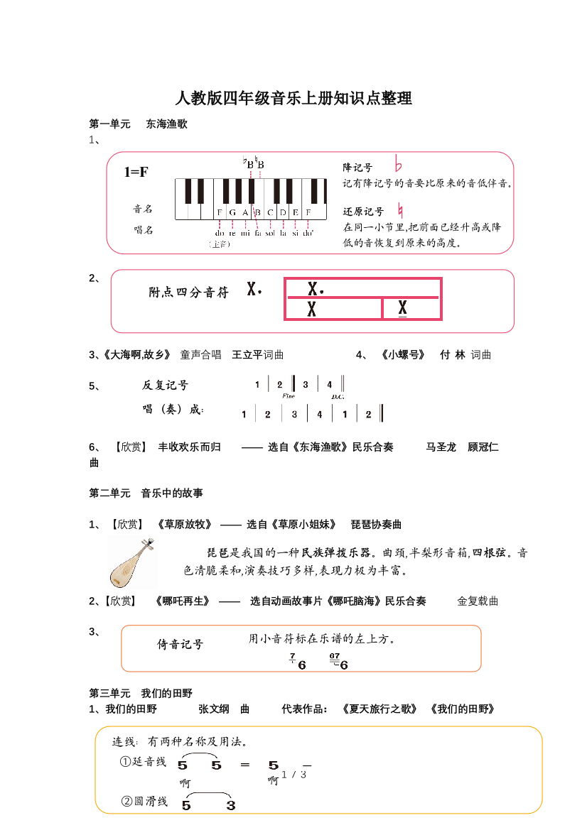 人教版四年级音乐上册知识点整理