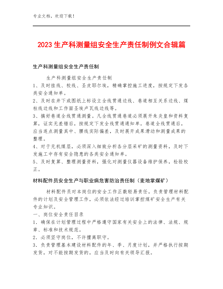 2023生产科测量组安全生产责任制例文合辑篇