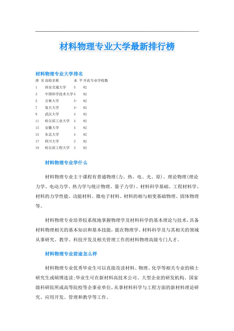 材料物理专业大学最新排行榜