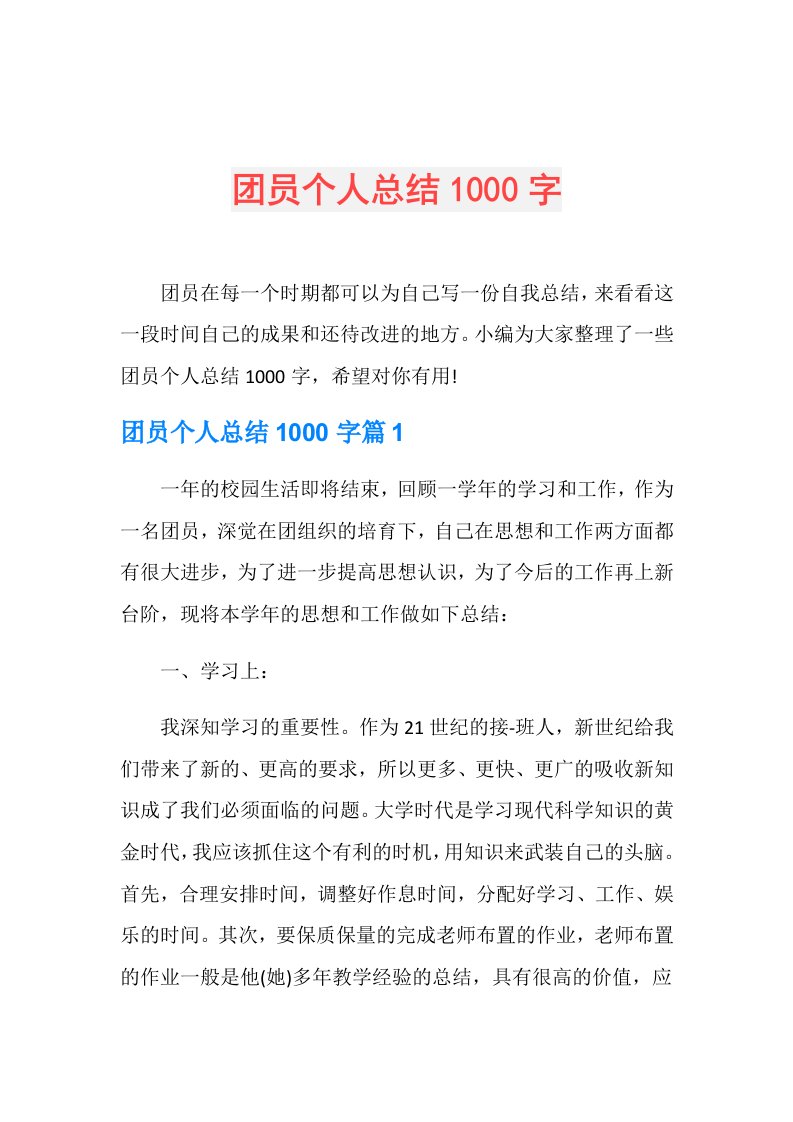 团员个人总结1000字