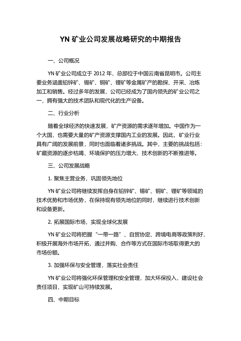 YN矿业公司发展战略研究的中期报告