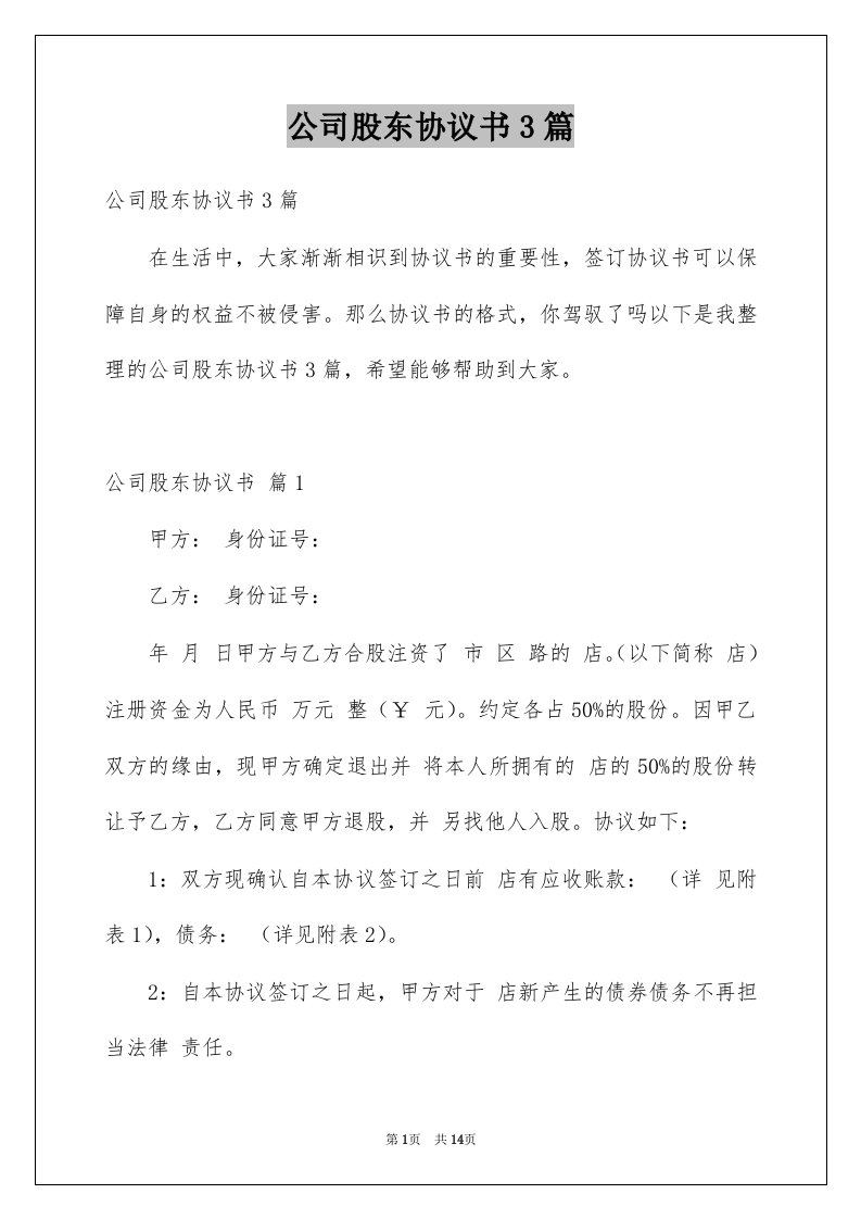 公司股东协议书3篇