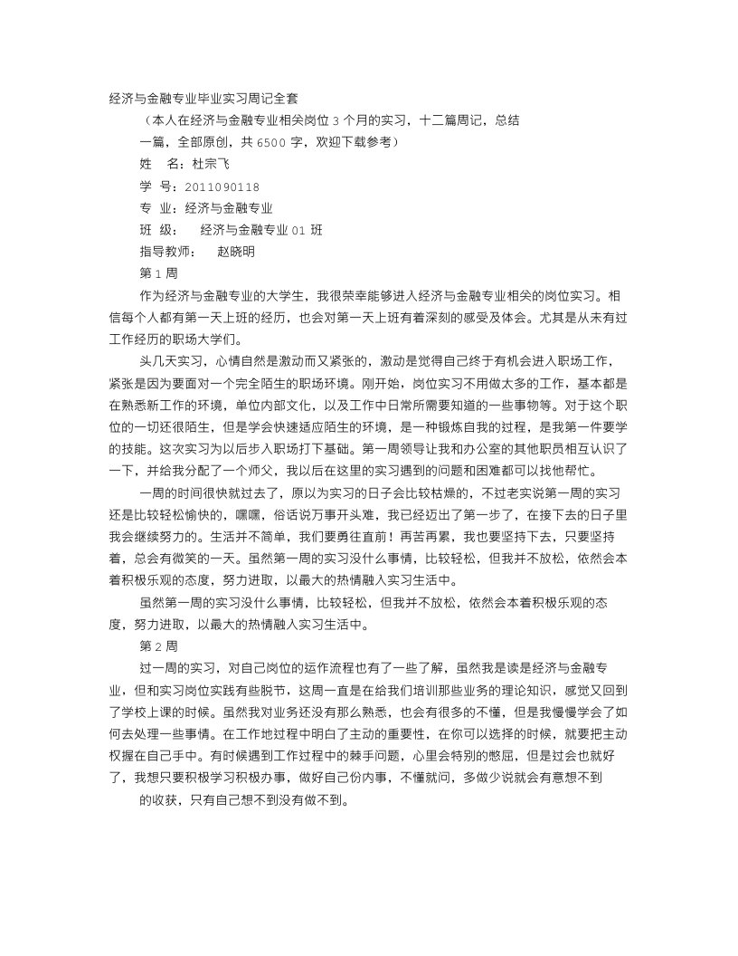 金融行业实习周记